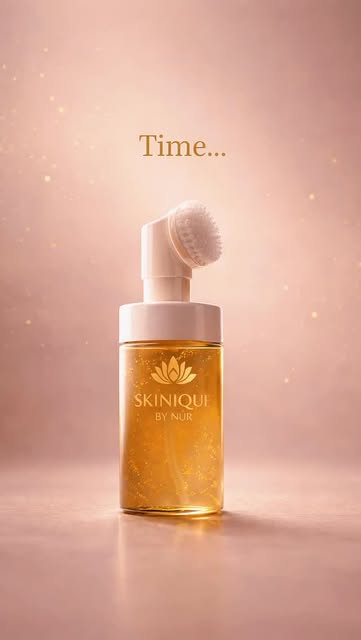 Skinique golden cleanser bottle with a facial cleansing brush